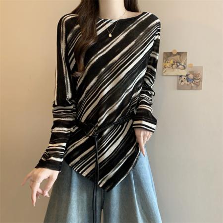 FA38282# 秋轻熟风宽松显瘦条纹长袖一字领上衣女气质收腰系带蝙蝠衫 服裝批發女裝批發服飾貨源
