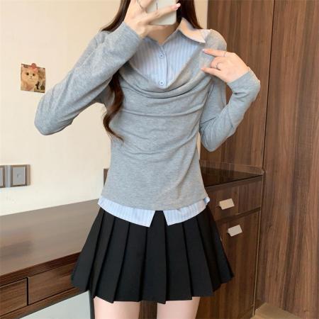 FA38283# 大码MM假两件气质荡领打底衫女秋设计感百搭修身衬衫上衣 服裝批發女裝批發服飾貨源