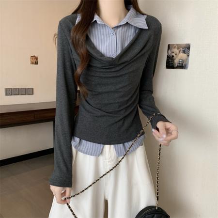 FA38283# 大码MM假两件气质荡领打底衫女秋设计感百搭修身衬衫上衣 服裝批發女裝批發服飾貨源