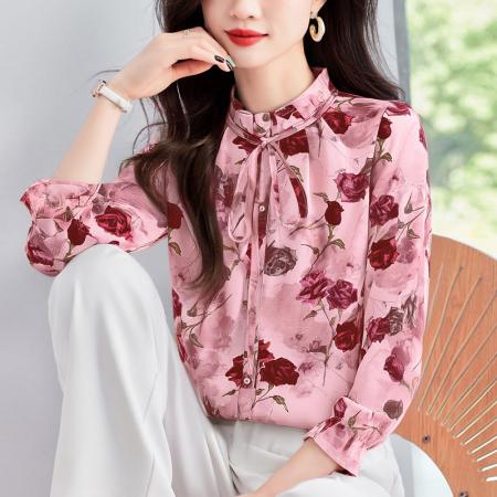 FA38290# 粉色印花女士长袖衬衫时尚气质立领季带法式漂亮小衫 服裝批發女裝批發服飾貨源