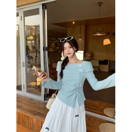 FA38293# 秋季新款胖mm大码女蝴蝶结一字肩长袖T恤设计感修身上衣 服裝批發女裝批發服飾貨源