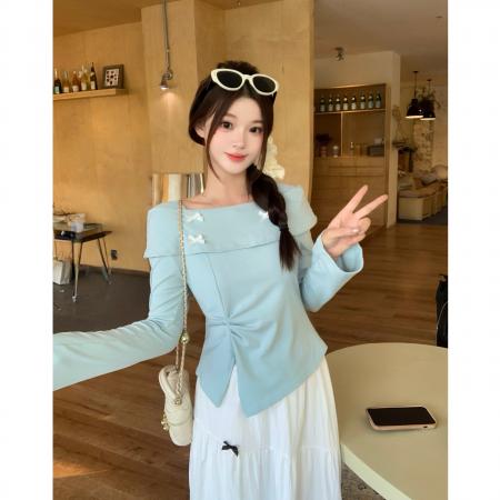 FA38293# 秋季新款胖mm大码女蝴蝶结一字肩长袖T恤设计感修身上衣 服裝批發女裝批發服飾貨源