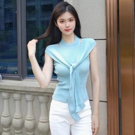 FA38294# 网红女装新款修身时尚气质削肩舒适针织背心+披肩两件套女装 服裝批發女裝批發服飾貨源