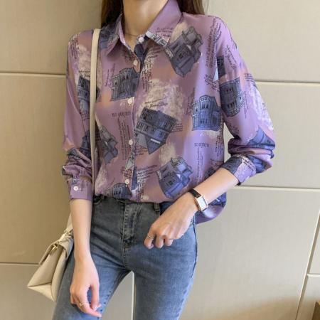 FA38295# 洋气休闲春秋新款女装翻领紫色雪纺衫上衣开衫衬衫打底衫衬衣 服裝批發女裝批發服飾貨源