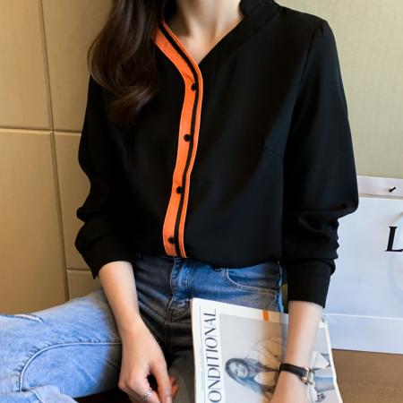 FA38296# 洋气春秋季新款女装翻领撞色V领雪纺衫上衣衬衫打底衫衬衣 服裝批發女裝批發服飾貨源