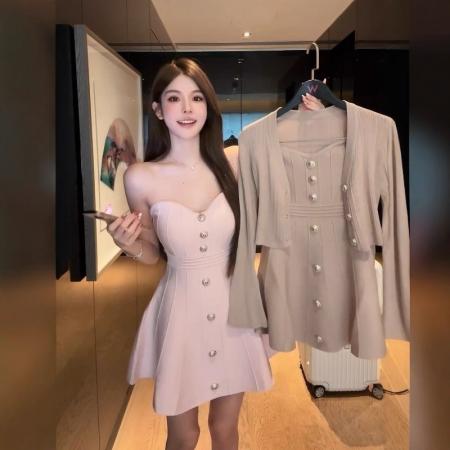 FA38297# 法式气质名媛抹胸连衣裙女早秋新款高级感显瘦短款开衫两件套套装 服裝批發女裝批發服飾貨源