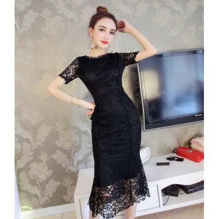 FA38300# 修身收腰显瘦鱼尾摆蕾丝包臀连衣裙打底裙中长裙 服裝批發女裝批發服飾貨源