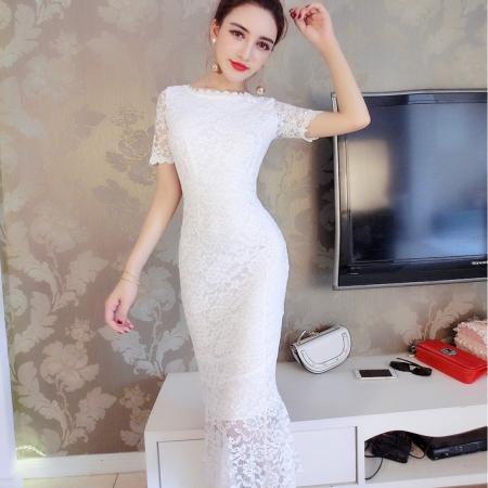 FA38300# 修身收腰显瘦鱼尾摆蕾丝包臀连衣裙打底裙中长裙 服裝批發女裝批發服飾貨源