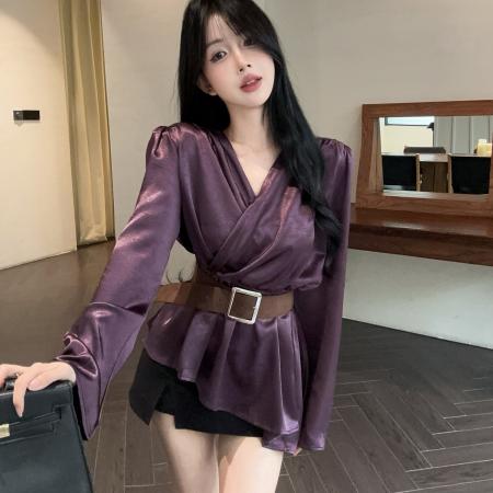 FA38301# 缎面衬衫不规则气质上衣加腰带 服裝批發女裝批發服飾貨源