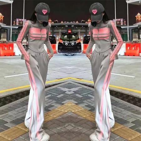 FA38304# 新款撞色条纹时尚运动套装女修身显瘦短外套高腰休闲裤两件套 服裝批發女裝批發服飾貨源
