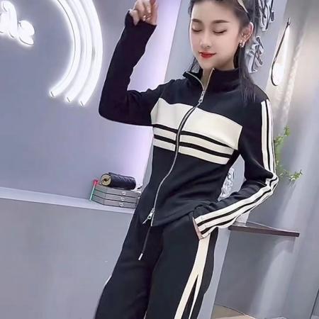 FA38304# 新款撞色条纹时尚运动套装女修身显瘦短外套高腰休闲裤两件套 服裝批發女裝批發服飾貨源