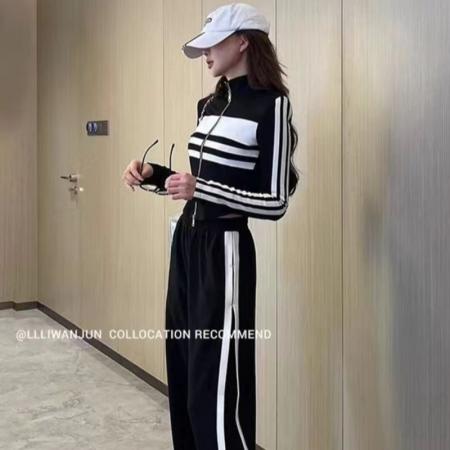FA38304# 新款撞色条纹时尚运动套装女修身显瘦短外套高腰休闲裤两件套 服裝批發女裝批發服飾貨源