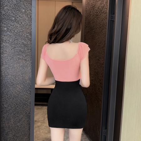 FA38309# 新款性感网纱拼接撞色打底短款连衣裙 服裝批發女裝批發服飾貨源