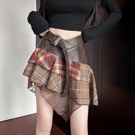 FA38310# 新款辣妹潮流百搭拼接蕾丝格子PU皮裙半身裙 服裝批發女裝批發服飾貨源