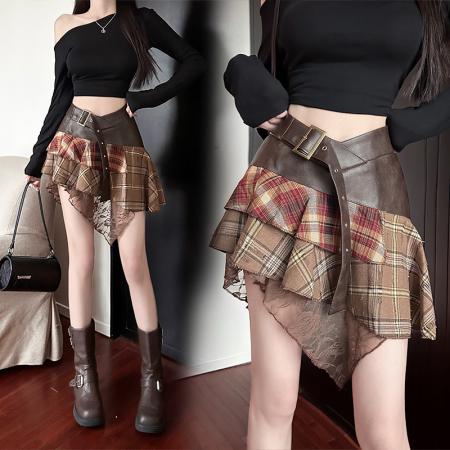 FA38310# 新款辣妹潮流百搭拼接蕾丝格子PU皮裙半身裙 服裝批發女裝批發服飾貨源