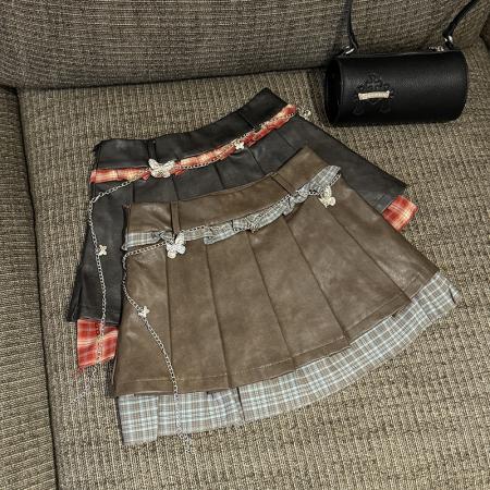 FA38311# 新款辣妹潮流百搭拼接格子PU皮裙半身裙配送腰链 服裝批發女裝批發服飾貨源