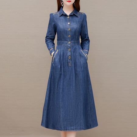 FA38317# 秋季女装新款流行韩系气质显瘦长款休闲长袖牛仔裙连衣裙 服裝批發女裝批發服飾貨源