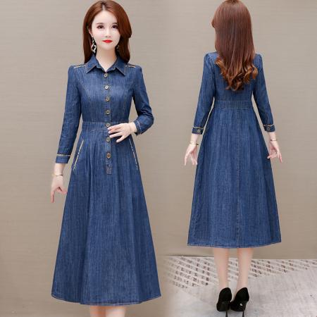 FA38317# 秋季女装新款流行韩系气质显瘦长款休闲长袖牛仔裙连衣裙 服裝批發女裝批發服飾貨源