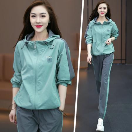 FA38319# 运动套装女新款春秋时尚减龄连帽气质外套跑步服两件整套粉色 服裝批發女裝批發服飾貨源
