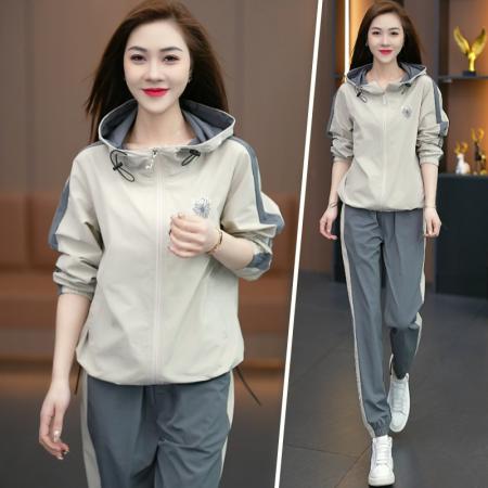 FA38319# 运动套装女新款春秋时尚减龄连帽气质外套跑步服两件整套粉色 服裝批發女裝批發服飾貨源
