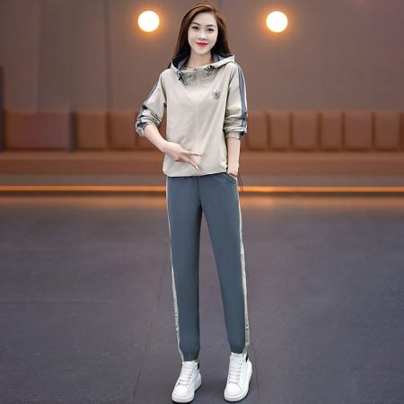 FA38319# 运动套装女新款春秋时尚减龄连帽气质外套跑步服两件整套粉色 服裝批發女裝批發服飾貨源