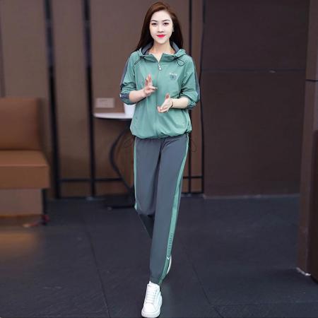 FA38319# 运动套装女新款春秋时尚减龄连帽气质外套跑步服两件整套粉色 服裝批發女裝批發服飾貨源