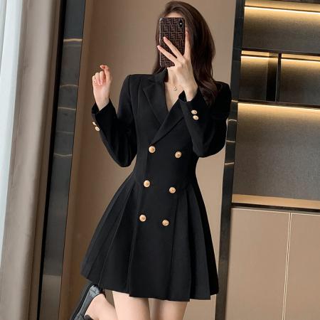 FA38320# 红色西装连衣裙女秋冬新款高腰双排扣气质女神范通勤职业裙子 服裝批發女裝批發服飾貨源