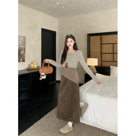 FA38324# 秋装新款胖mm大码女吊带背心坑条上衣豹纹半身裙三件套 服裝批發女裝批發服飾貨源