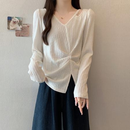 FA38327# 秋装新款胖mm大码女纯欲设计感镂空开叉坑条内搭长袖T恤 服裝批發女裝批發服飾貨源