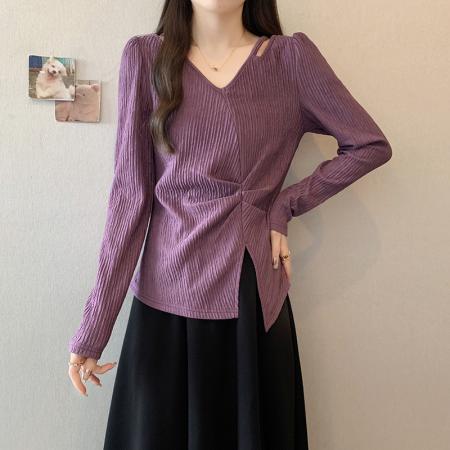 FA38327# 秋装新款胖mm大码女纯欲设计感镂空开叉坑条内搭长袖T恤 服裝批發女裝批發服飾貨源