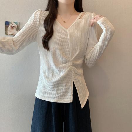 FA38327# 秋装新款胖mm大码女纯欲设计感镂空开叉坑条内搭长袖T恤 服裝批發女裝批發服飾貨源