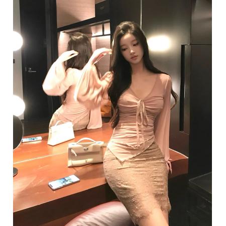 FA38329# 热狗很辣棠脂粉玉女人味绑带褶皱上衣/蕾丝半身裙套装 服裝批發女裝批發服飾貨源