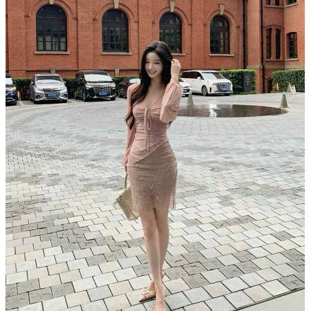 FA38329# 热狗很辣棠脂粉玉女人味绑带褶皱上衣/蕾丝半身裙套装 服裝批發女裝批發服飾貨源