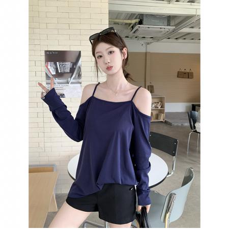 FA38331# 巨好看的夏日上衣设计感宽松休闲长袖一字肩露肩吊带t恤女 服裝批發女裝批發服飾貨源