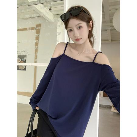FA38331# 巨好看的夏日上衣设计感宽松休闲长袖一字肩露肩吊带t恤女 服裝批發女裝批發服飾貨源