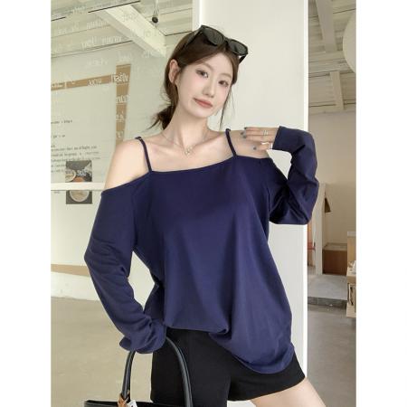 FA38331# 巨好看的夏日上衣设计感宽松休闲长袖一字肩露肩吊带t恤女 服裝批發女裝批發服飾貨源