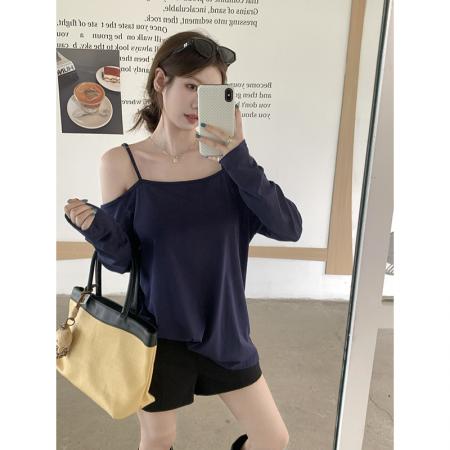 FA38331# 巨好看的夏日上衣设计感宽松休闲长袖一字肩露肩吊带t恤女 服裝批發女裝批發服飾貨源