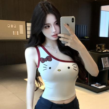 FA38333# 辣妹印花针织设计感T恤夏季收腰斜肩上衣 服裝批發女裝批發服飾貨源