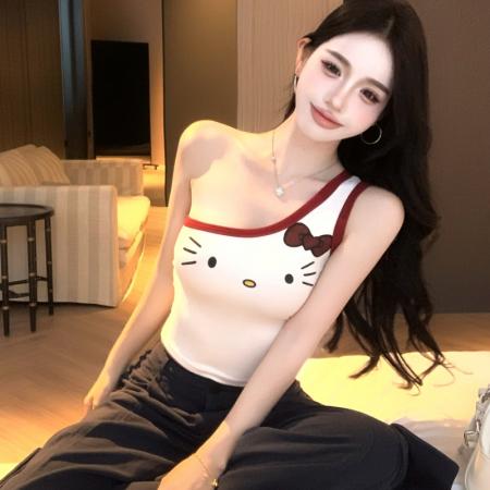 FA38333# 辣妹印花针织设计感T恤夏季收腰斜肩上衣 服裝批發女裝批發服飾貨源