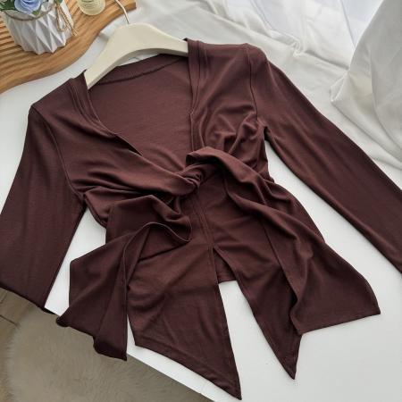 FA38337# 辣妹绑带针织莫代尔长袖内搭秋设计感修身显瘦上衣 服裝批發女裝批發服飾貨源