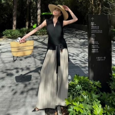 FA38340# 夏季新款一整套穿搭气质高级感时尚通勤风黑色上衣阔腿裤套装 服裝批發女裝批發服飾貨源