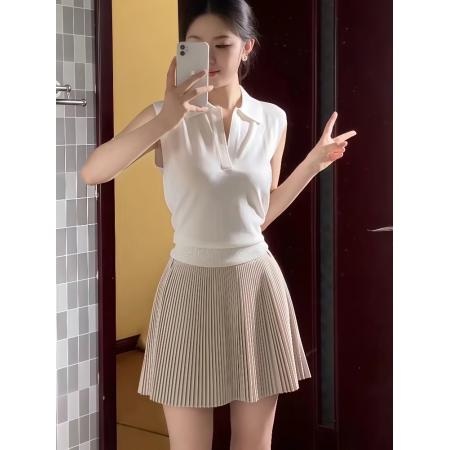 FA38343# 韩系气质穿搭一整套女装夏季Polo领无袖背心搭配百褶半身裙两件套 服裝批發女裝批發服飾貨源