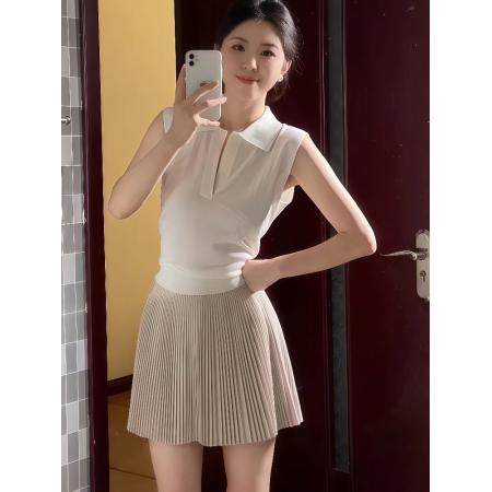 FA38343# 韩系气质穿搭一整套女装夏季Polo领无袖背心搭配百褶半身裙两件套 服裝批發女裝批發服飾貨源
