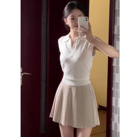 FA38343# 韩系气质穿搭一整套女装夏季Polo领无袖背心搭配百褶半身裙两件套 服裝批發女裝批發服飾貨源