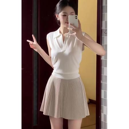 FA38343# 韩系气质穿搭一整套女装夏季Polo领无袖背心搭配百褶半身裙两件套 服裝批發女裝批發服飾貨源