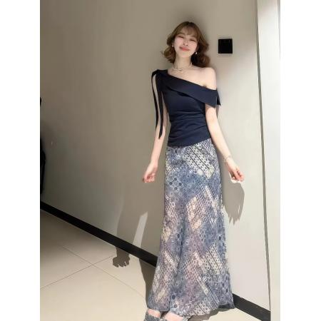 FA38344# 法式斜肩系带不规则短袖上衣女超火复古气质半身裙夏季一整套 服裝批發女裝批發服飾貨源