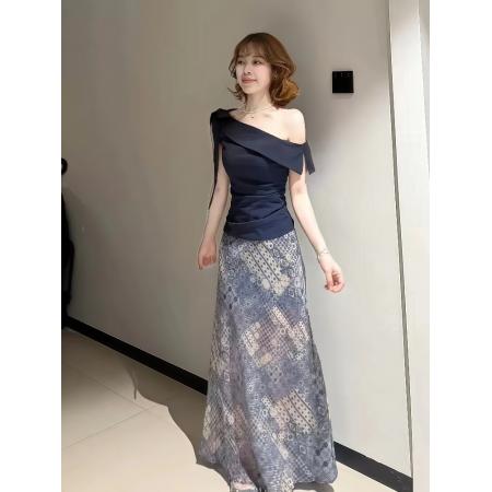 FA38344# 法式斜肩系带不规则短袖上衣女超火复古气质半身裙夏季一整套 服裝批發女裝批發服飾貨源