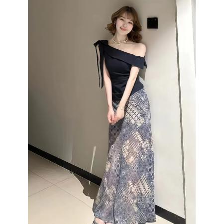 FA38344# 法式斜肩系带不规则短袖上衣女超火复古气质半身裙夏季一整套 服裝批發女裝批發服飾貨源