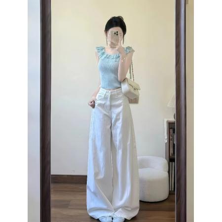 FA38346# 巨好看的夏一整套松弛韩系洋气减龄荷叶边一字肩上衣牛仔裤两件套 服裝批發女裝批發服飾貨源