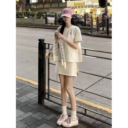 FA38349# 大方得体穿搭一整套新款温柔风清纯条纹披肩短袖半身裙两件套 服裝批發女裝批發服飾貨源